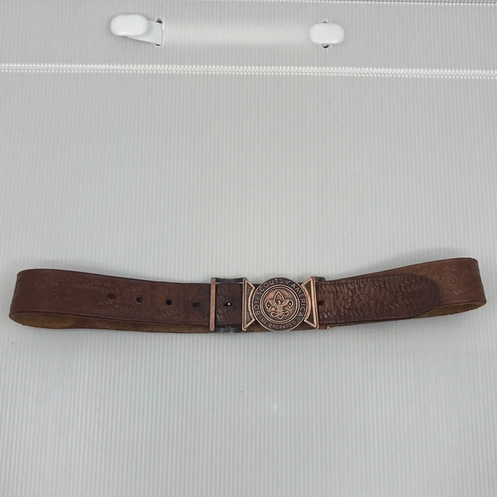 Vintage Leather Embossed/Tooled Belt with Boy Scout Metal Buckle
